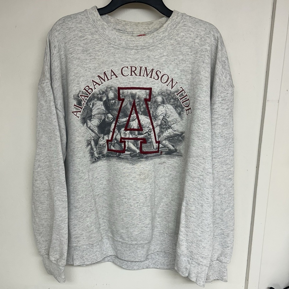 Vtg Made USA Crimson Tide Alabama Football Crew Neck Sweater Men XL Nutmeg Gray